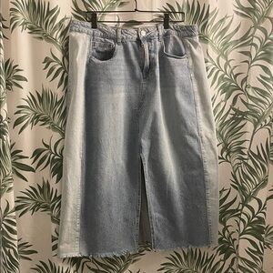 Light Wash Two-Tone Denim Midi Skirt